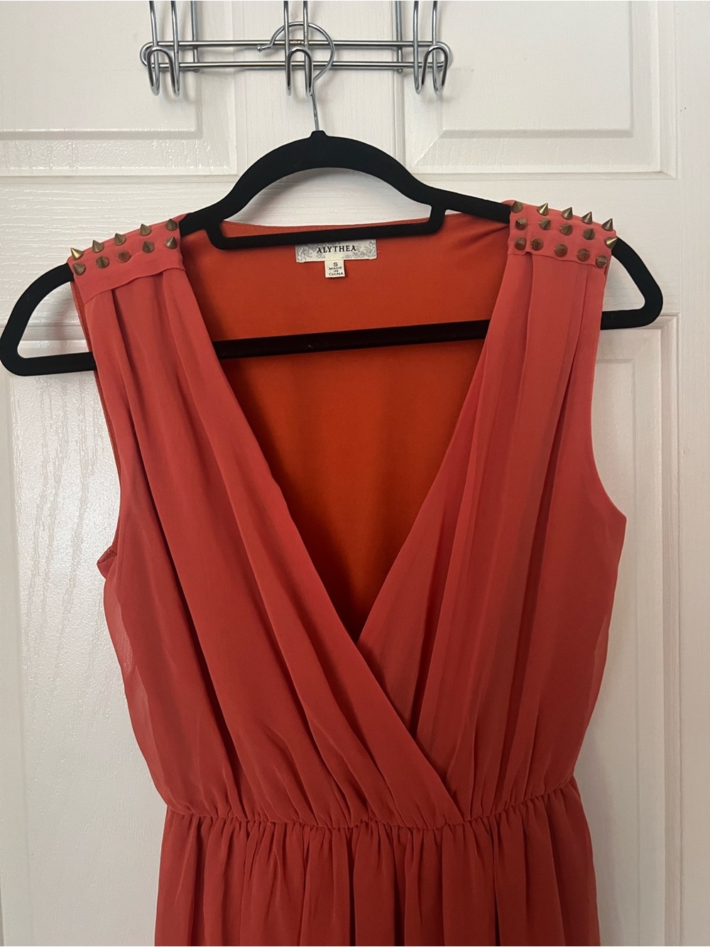 Alythea Coral-Red Sleeveless Midi Dress with Studded Shoulders